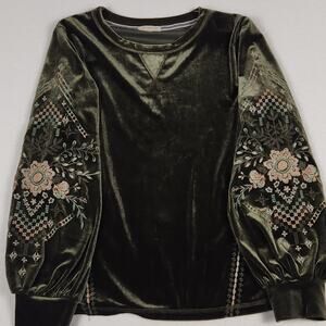 Kate & Sam Moss Green Velvet Top Floral Embroidered Balloon Sleeve Boho Size S